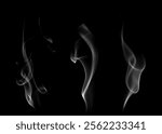 Close-up photo set of abstract white smoke or vapor floating on black background. Fog and clouds effect for design. Smog elements.