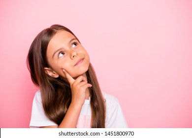 Closeup photo of small lady brown hair minded deep thinking curious interested wear overall t-shirt isolated pink background - Shutterstock ID 1451800970