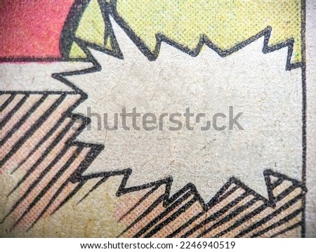 Closeup photo of a vintage comic book page with an empty speech bubble and red green yellow dot print pattern on old paper background