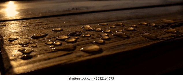  A close-up photo of water droplets glistening on a weathered wooden surface, with the sunlight reflecting off their surface. The droplets create a beautiful pattern of light and dark.
 - Powered by Shutterstock