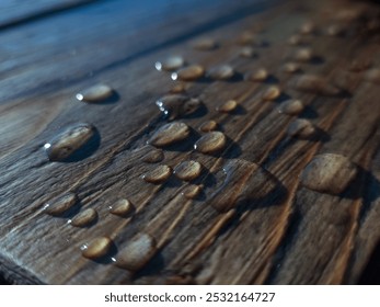 A close-up photo of water droplets glistening on a weathered wooden surface, with the sunlight reflecting off their surface. The droplets create a beautiful pattern of light and dark. - Powered by Shutterstock