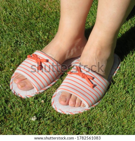 Closeup photo of woman wearing slippers standing on grass