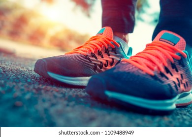 Closeup Photo Of A Women's Running Shoes, Female On The Workout In Sunny Day, Life Energy, Health And Body Care, Sportive Life Concept