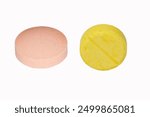 Close-up photo yellow, Cream color round pill, medicine small medical vitamins, pills, antibiotics. Isolated on white background. Health science to prevent various diseases. medical science for health