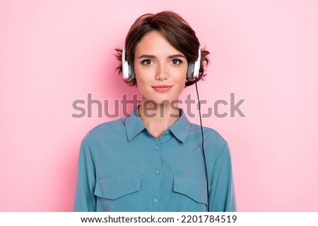 Closeup photo of young adorable pretty nice positive expert woman wear headset microphone helpline worker online isolated on pink color background
