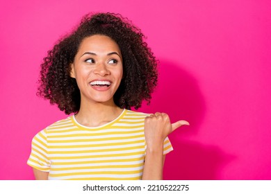 Closeup Photo Of Young Attractive Gorgeous Cute Girl Interested Look Finger Pointing Empty Space Advert Isolated On Pink Color Background