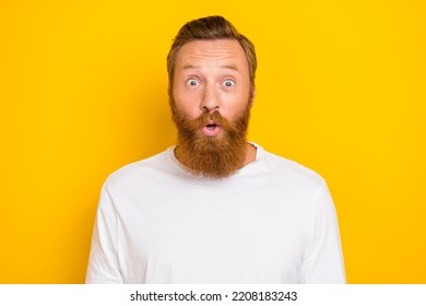 Closeup Photo Of Young Attractive Handsome Experienced Man Open Mouth Redhair Funny Reaction Isolated On Yellow Color Background