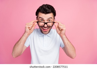 Closeup Photo Of Young Attractive Handsome Positive Excited Guy Wear Eyeglasses Look You Funny Reaction Isolated On Bright Pink Color Background
