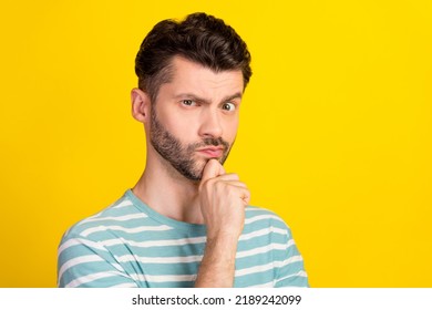 Closeup Photo Of Young Attractive Man Worker Hr Suspicious Looking You Choose Salary Isolated On Yellow Color Background