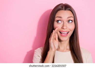 Closeup Photo Of Young Charming Pretty Lady Wear Pastel T-shirt Whisper Rumor Secret Look Empty Space Excited Isolated On Pink Color Background