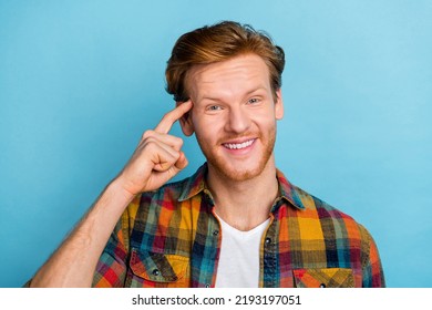 Closeup Photo Of Young Clever Guy Student Wear Checkered Shirt Finally Found Solution Math Problem Isolated On Blue Color Background