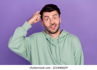 Closeup Photo Of Young Funny Nervous Stressed Man Scratch His Head Dont Know What Do Cant Remember Yesterday Isolated On Violet Color Background