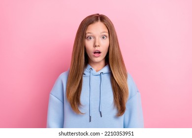 Closeup Photo Of Young Funny Pretty Nice Schoolkid Reaction Unexpected Unbelievable Open Mouth Surprised Isolated On Bright Pink Color Background