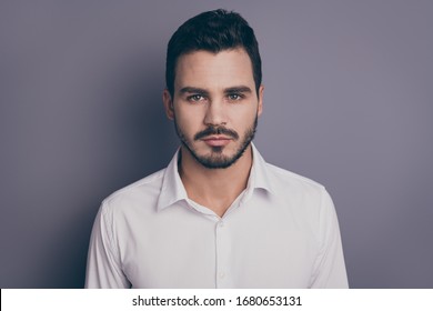 Closeup Photo Of Young Handsome Serious Business Man Bossy Employer Investor Attentively Look Listen Colleagues Wear White Office Shirt Isolated Grey Color Background