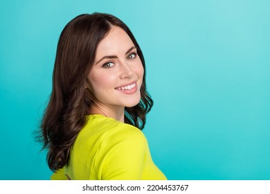 Closeup Photo Of Young Pretty Attractive Girl Promo New Keratin Haircare Salon Empty Space Isolated On Cyan Color Background