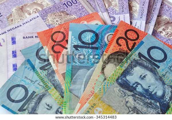 Closeup Photograph Australian Dollars Malaysias Ringgit Stock 