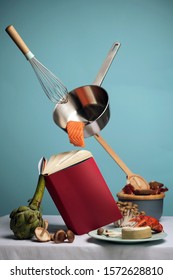 Close-up Photograph Of Food, Cooking Using Recipes Book. Pop Art Picture. Seafood Food Levitation