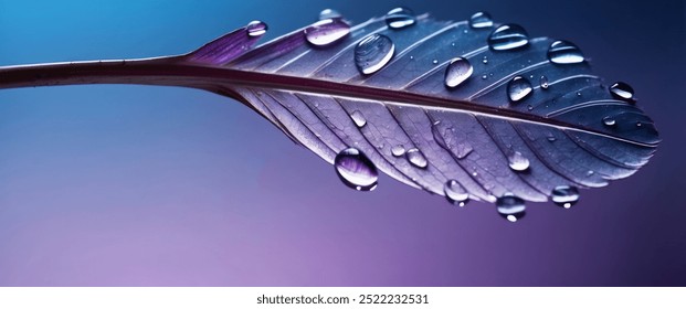 A close-up photograph of a purple leaf with water droplets on it against a blue and purple gradient background. - Powered by Shutterstock