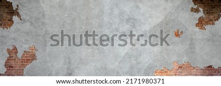 Close-up photos of old concrete with brick texture details background. House, shop, cafe and office design backdrop. Paint brickwork wall and copy space.