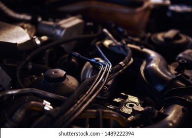 Closeup photoshoot of open car's engine at expirienced car service workshop. - Shutterstock ID 1489222394