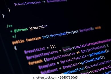 Close-up of PHP code structure with public function and variable assignments used in software development for backend logic, data processing, and dynamic application behavior