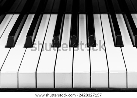 Close-up of piano keyboard. Music instruments. Copy space. Black and White Piano Keys Taken From Above as a Flat Lay Image. Piano keys side view with shallow depth of field 