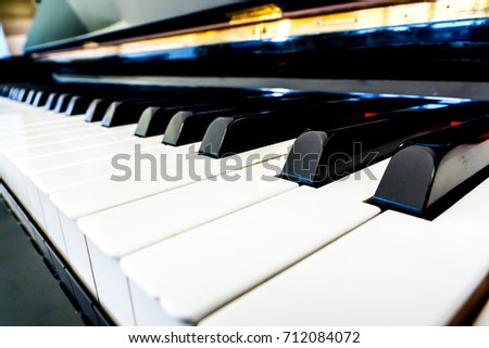 closeup of piano keys. black and white piano keyboard background. close piano key side view.