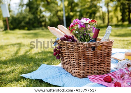 Closeup of picnic basket with drinks, food and flowers on the grass