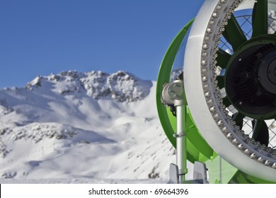 Closeup picture of an  idle snowcannon in the alps