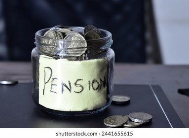 A closeup picture of a Image of an old standing on pension corpse with coins. Finance concept