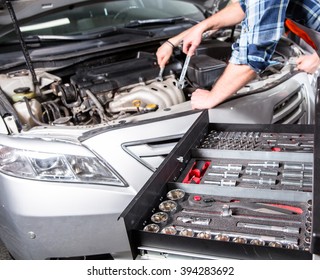 Close-up Picture Of Mechanical Workshop Tools. Professional Car Mechanic Using Different Tools For Working In Auto Repair Service.