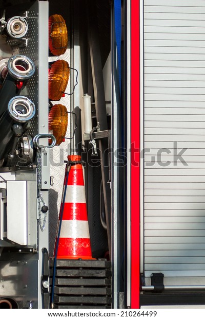 Close-up picture of pipes and protection devices on\
a fire truck