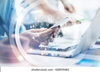 Closeup picture team job. Young business crew working with new startup project. Connections world wide interfaces. Analyze plans, keyboard. Blurred background, film effect. Horizontal - Powered by Shutterstock