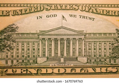 A Closeup Of The Picture Of The U.S. Treasury On The Back Of A U.S. Ten Dollar Bill.