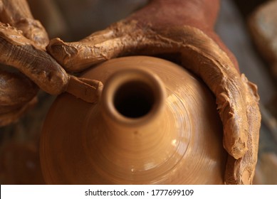 Close-up pictures of the traditional pottery making in the old way