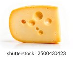 close-up of a piece of cheese with holes. Emmental cheese triangle, Swiss cheese, isolated on white background. High resolution image