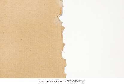 Close-up Of A Piece Of Torn Cardboard Box With Space For Text, Located To The Left On A White Background.