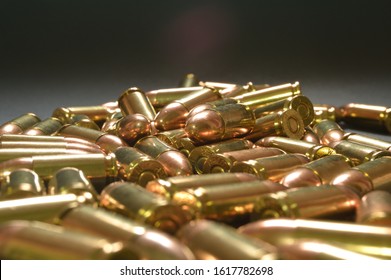 Closeup Of Pile Of 9mm Handgun Bullets