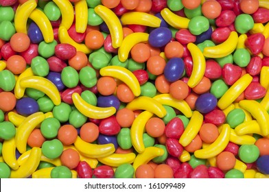 Closeup Of Pile Of Colorful Hard Fruit Shaped Candy