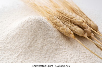 Close-up of a pile of flour and ears of wheat after sifting. Flour concept, material photo