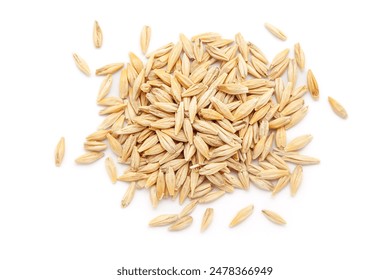 A close-up pile of organic Barley (Hordeum Vulgare) or Jau Grains, isolated on a white background. Top view