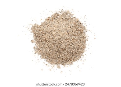 A close-up pile of organic Pearl Millet Flour (Pennisetum glaucum) or Bajra Flour, isolated on a white background. Top view