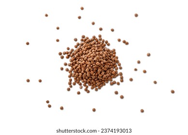 Closeup of a pile of organic uncooked lentils isolated on a white background from above, top view