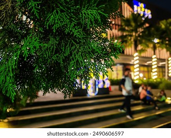 Close-up of pine needles with a blurred background in the city park at night.