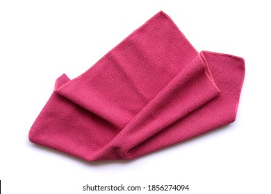 Closeup pink duster microfiber cloth for cleaning isolated on white background. Clipping path. Top view. Flat lay.