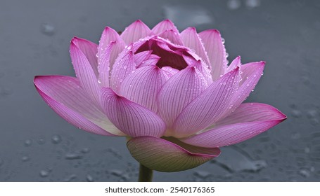 A close-up of a pink lotus flower with water droplets on the petals, against a dark background - Powered by Shutterstock