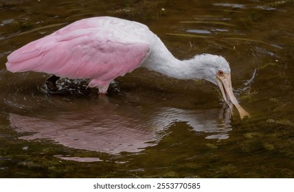 A closeup of a pink roseate spoonbill drinking water from the pond - Powered by Shutterstock