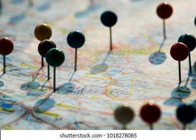 Closeup of pins on the map planning travel journey