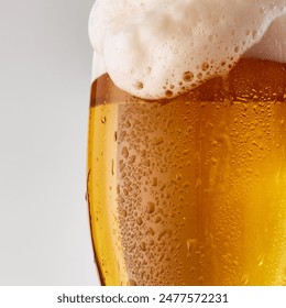 Close-up of pint glass filled with golden, amber beer topped with frothy white foam against grey studio background. Concept of food and drink, celebration, Oktoberfest, beverage industry. Ad - Powered by Shutterstock