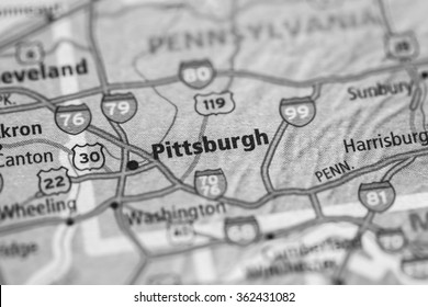 Closeup of Pittsburgh on a geographical map. (black and white)